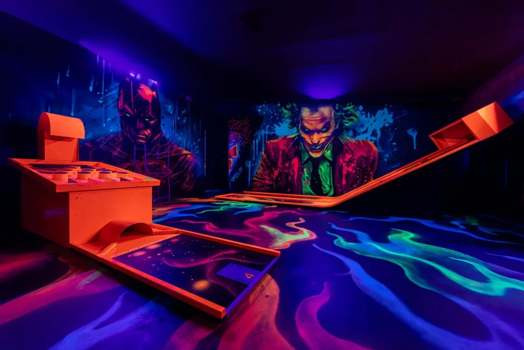 Comicfiguren an leuchtender Minigolfbahn